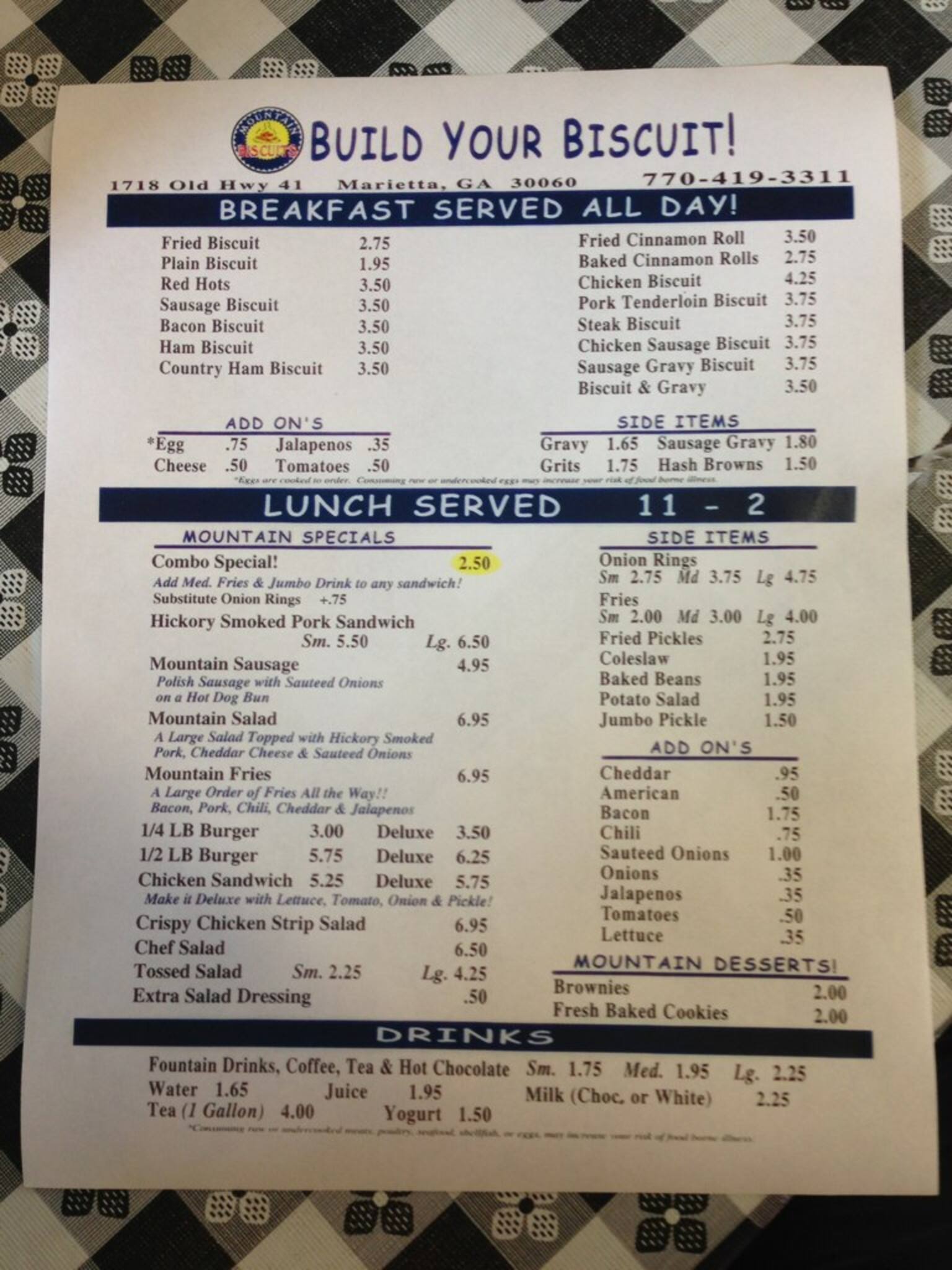 Menu at Mountain Biscuits restaurant, Marietta, Old Hwy 41