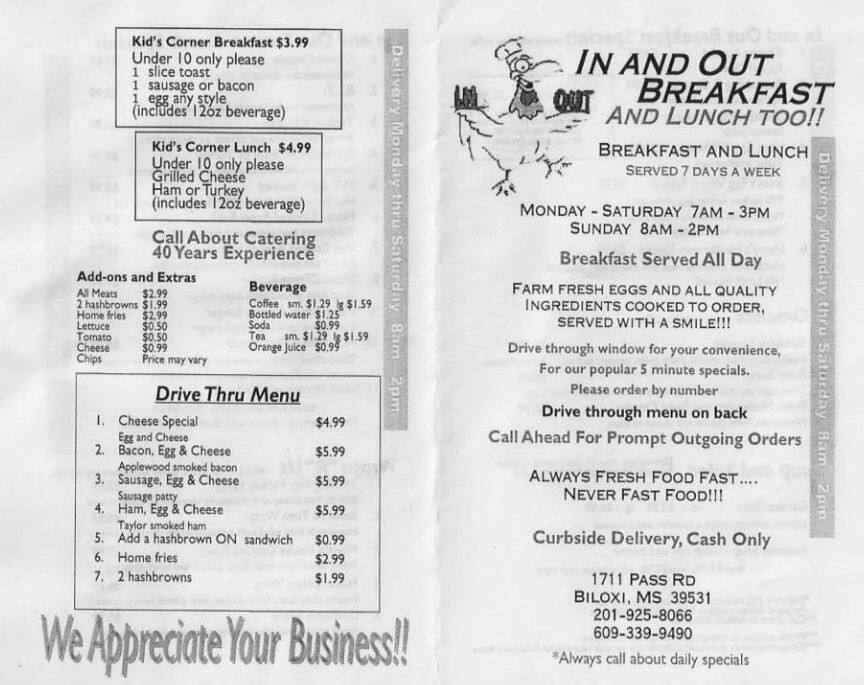 In And Out Breakfast Menu For Biloxi In And Out Breakfast Menu