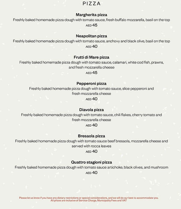 Carta del restaurante Celsius VOCO Hotel, Dubai