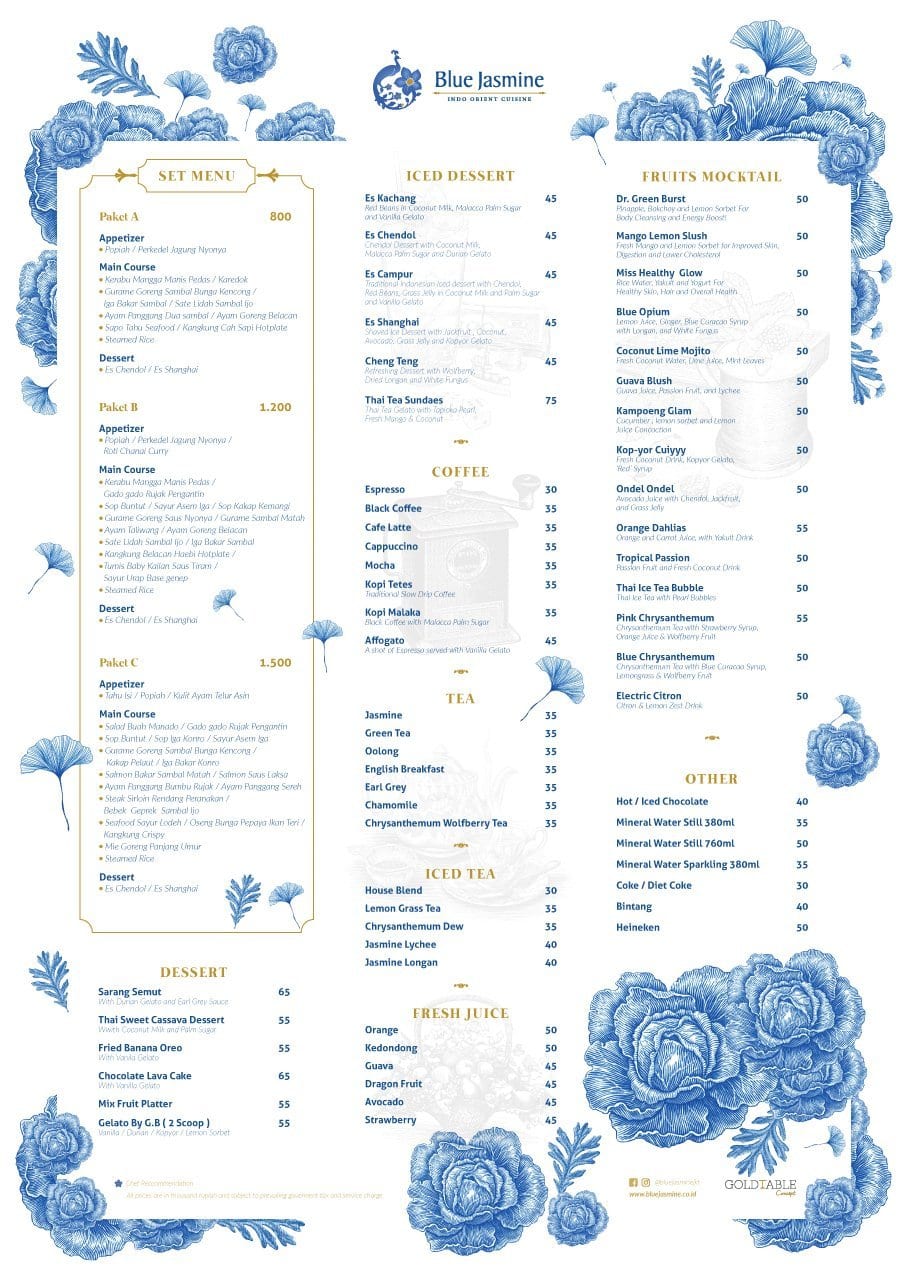 Menu at Blue Jasmine restaurant, Jakarta