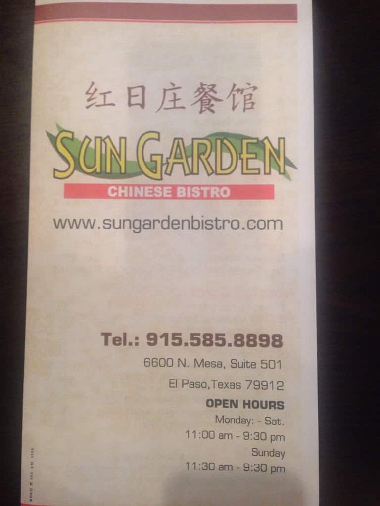 Menu At Sun Garden Chinese Bistro Restaurant El Paso
