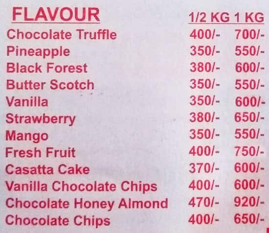 Shimla Bakery menu