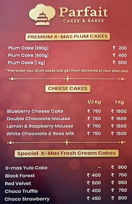 Menu of Parfait Cakes And Bakes, Velachery, Chennai