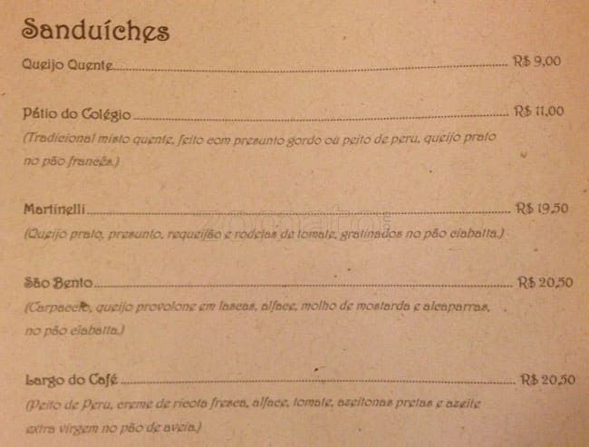 Café Martinelli Midi cardápio