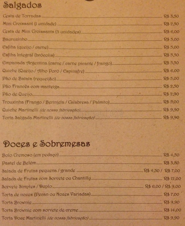 Café Martinelli Midi cardápio