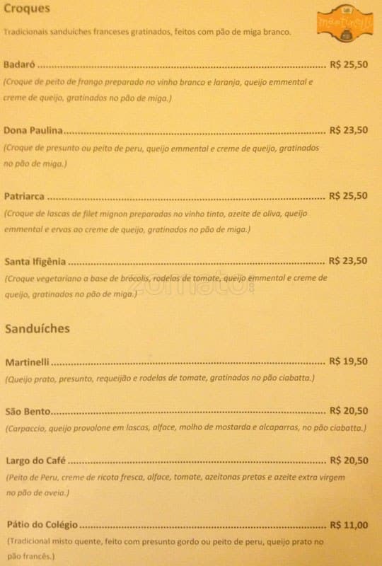 Café Martinelli Midi cardápio