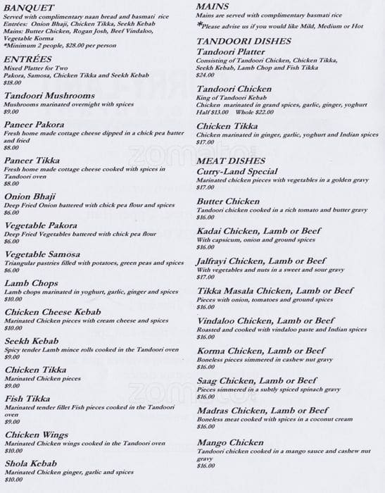 CurryLand Menu, Menu for CurryLand, Upper Hutt Central, Wellington Menumania/Zomato