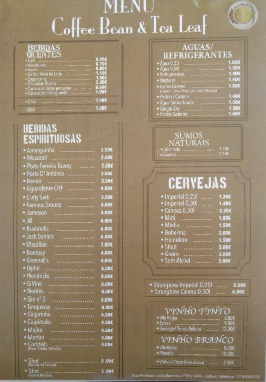 Coffee Bean & Tea Leaf Menu Zomato Portugal