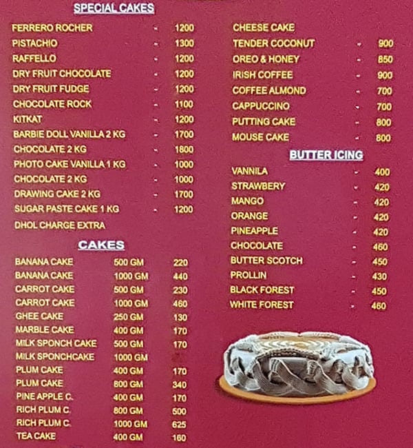 Menu at Jaya Bakery, Kochi, Palarivattom Jct