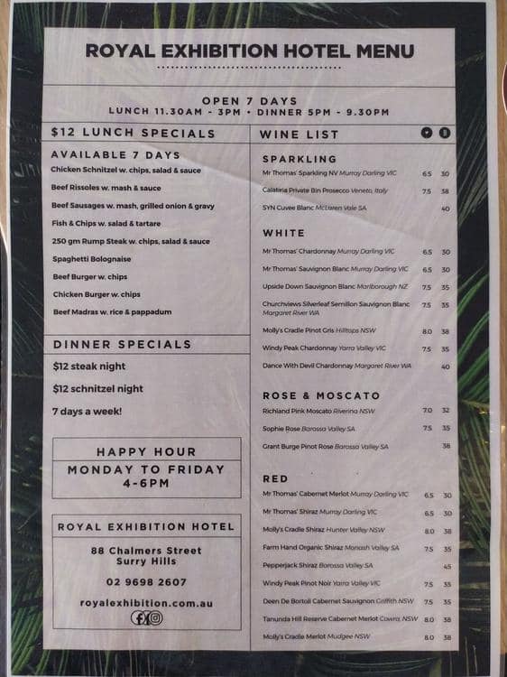 Royal Exhibition Hotel Bistro Menu