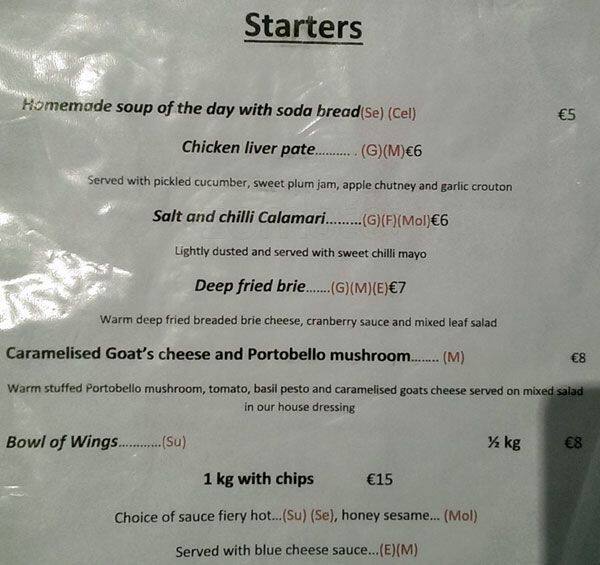 Menu at Kielys of Donnybrook pub & bar, Dublin