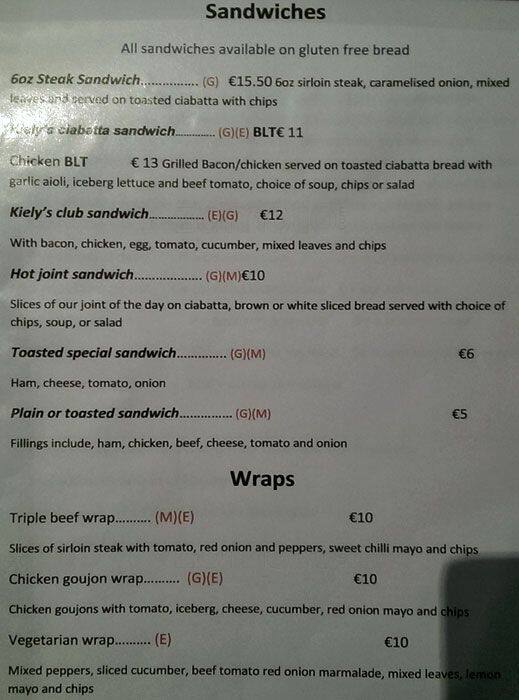 Menu at Kielys of Donnybrook pub & bar, Dublin