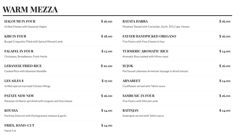 Menu at Kadmus restaurant, Drummoyne
