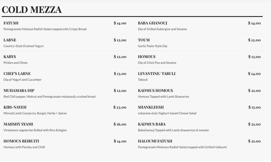 Menu at Kadmus restaurant, Drummoyne