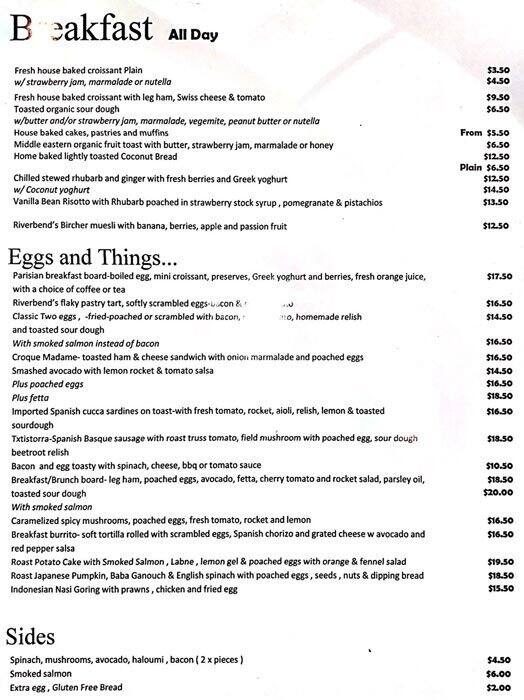 Riverbend Cafe Menu, Menu podniku Riverbend Cafe, Bulimba, Brisbane