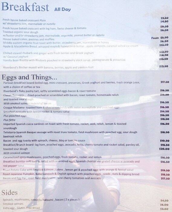 Riverbend Cafe Menu, Menu podniku Riverbend Cafe, Bulimba, Brisbane