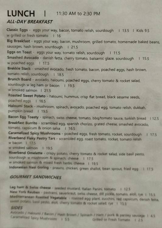 Menu at Riverbend cafe, Bulimba, 193 Oxford St