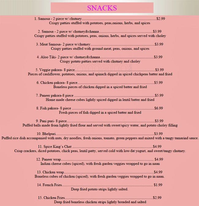 Menu at Spice King Indian Restaurant & Sweets, Renton