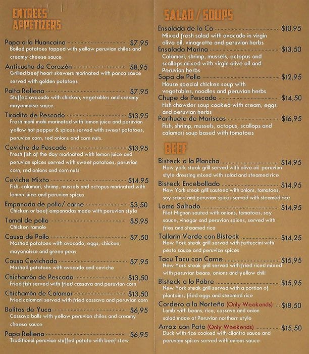 Emelina’s menu, Menu restauracji Emelina’s, San Carlos, San Carlos