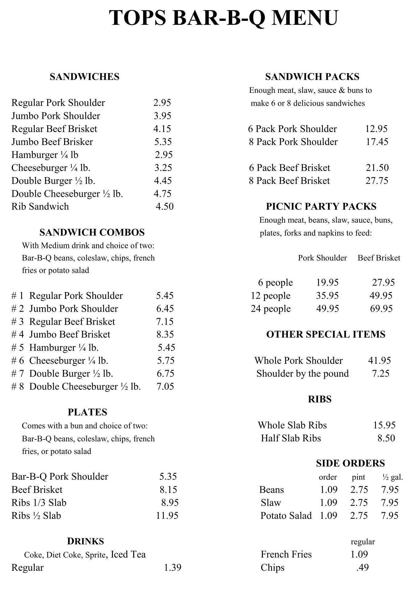 Tops Bar-B-Q Menu, Menu for Tops Bar-B-Q, Bellevue, Memphis ...