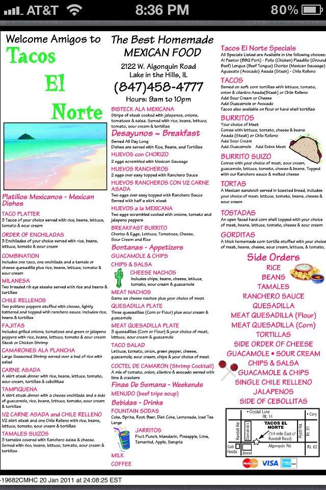 Menu at Tacos El Norte restaurant, Lake in the Hills