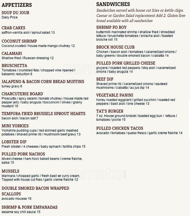 Brock House Menu, Menu for Brock House, Whitby, Toronto Urbanspoon/Zomato