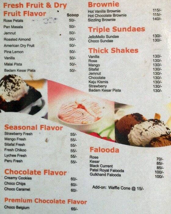 Menu at Zero Degree Ice Cream Parlour, Mumbai, 95/97