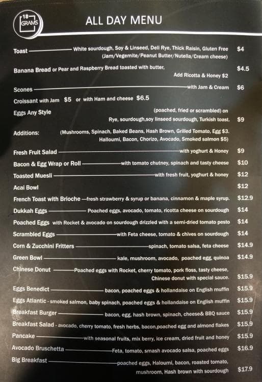 18 Grams Espresso Menu, Menu for 18 Grams Espresso, Hurstville, Sydney ...