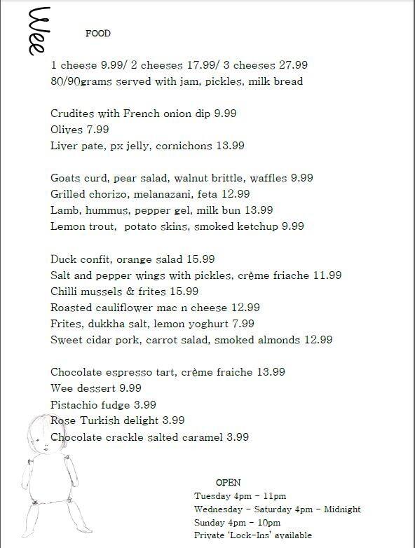 Wee Bar menu