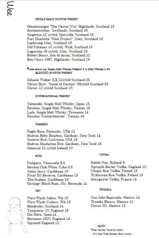 Wee Bar menu
