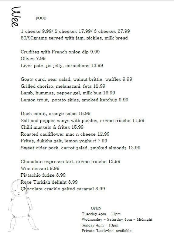 Wee Bar menu