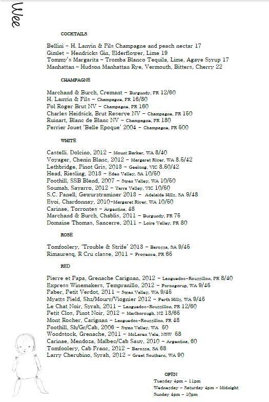 Wee Bar menu
