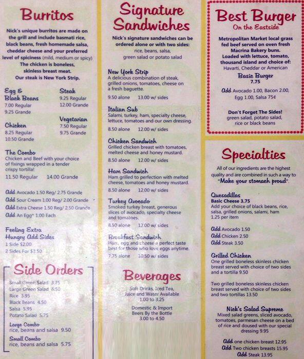 Nick's Grill Menu, Menu podniku Nick's Grill, Kirkland, Kirkland