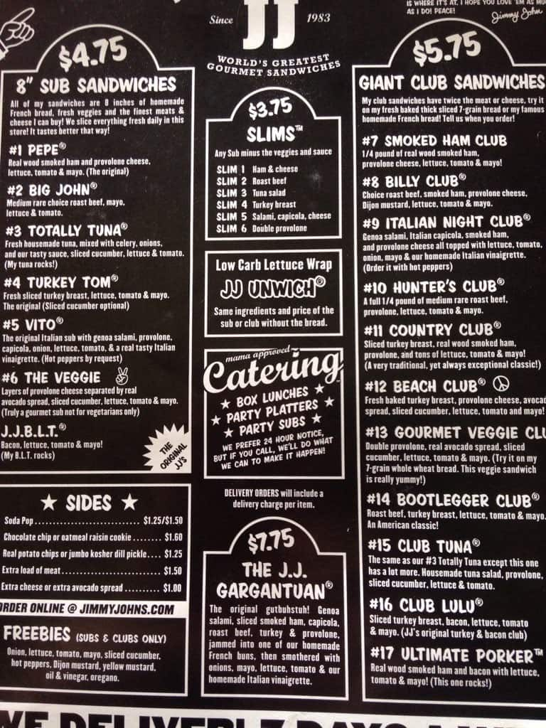 Menu At Jimmy John's