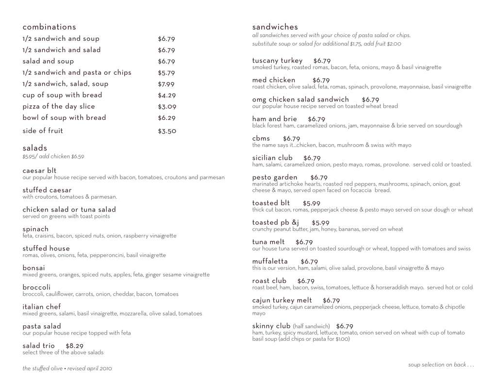 Menu at Stuffed Olive restaurant, Oklahoma City