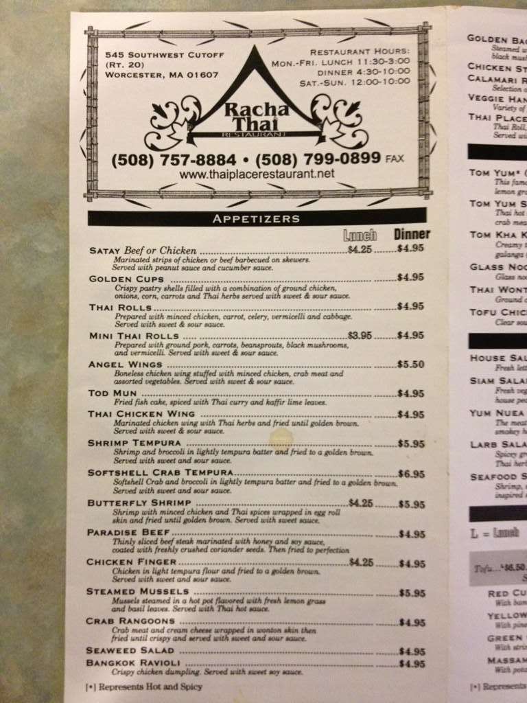 Racha Thai Restaurant Menu, Menu for Racha Thai Restaurant, Worcester