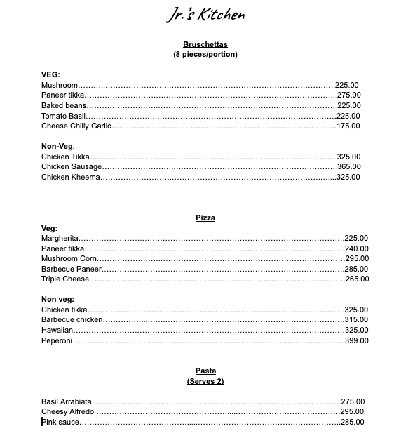 Jrs Kitchen menu