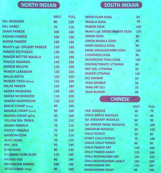 Menu of Mohit Sweets Palace, Vaishali, Ghaziabad