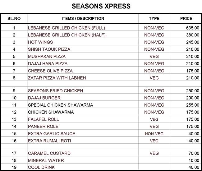 Menu at Seasons Xprs, Hyderabad, Plot no 17