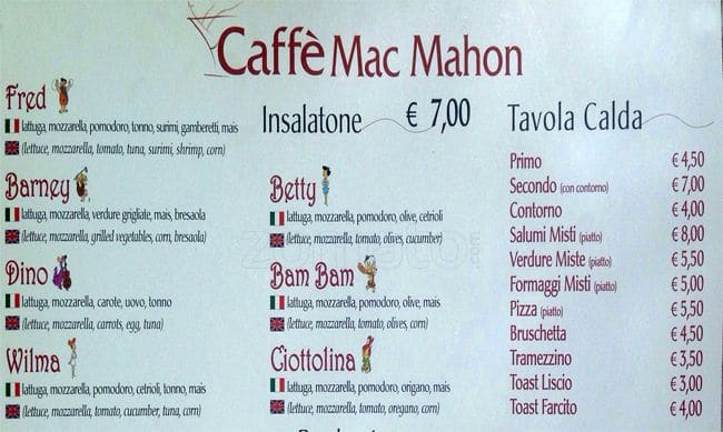 Menu di Caffè Mac Mahon 