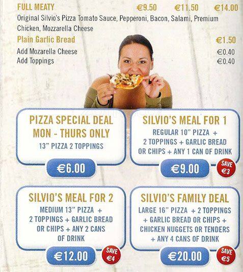 Menu at Silvios Templeogue restaurant, Dublin