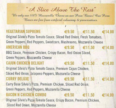 Menu at Silvios Templeogue restaurant, Dublin