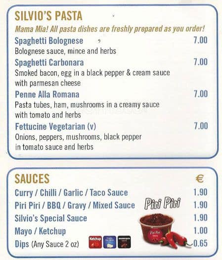 Menu at Silvios Templeogue restaurant, Dublin