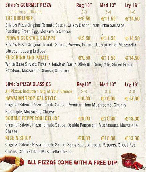 Menu at Silvios Templeogue restaurant, Dublin