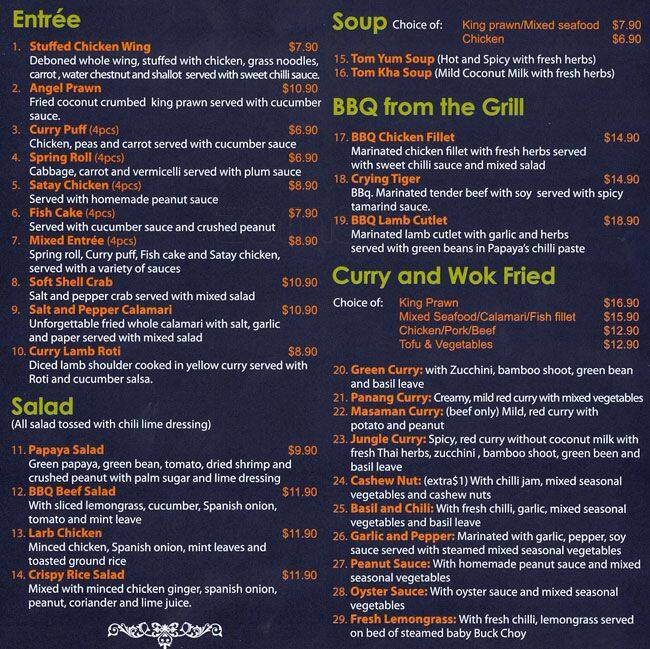 Papaya Thai Menu, Menu for Papaya Thai, Cremorne, Sydney Urbanspoon