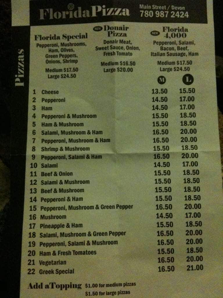 Florida Pizza Steakhouse Menu, Menu for Florida Pizza Steakhouse, Devon, Edmonton Urbanspoon
