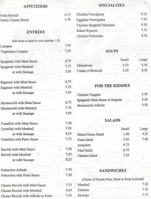 Pasta Presto menu, Menu restauracji Pasta Presto, Fremont, Fremont