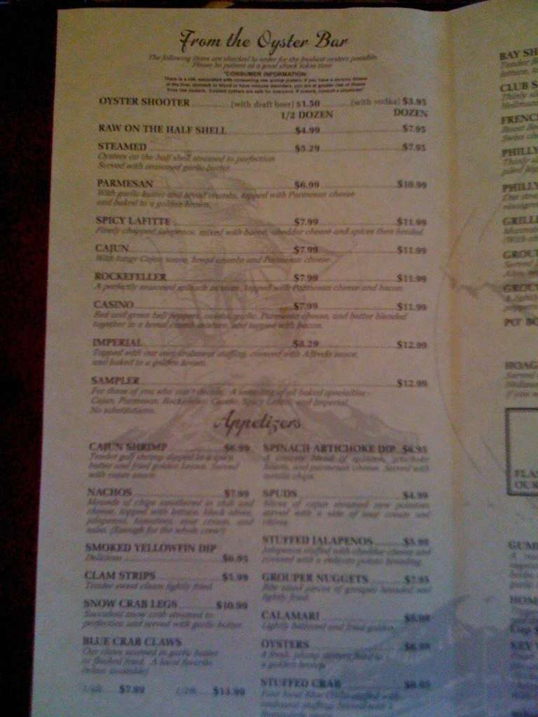 Menu at Peg Leg Pete's pub & bar, Pensacola Beach