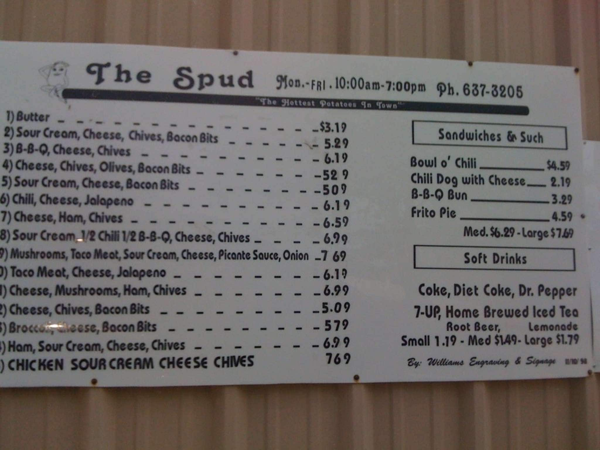 Menu at The Spud fast food, Lufkin