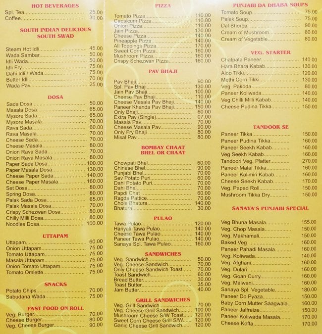 Sanaya's Veg Treat Menu, Menu for Sanaya's Veg Treat, Bandra Kurla